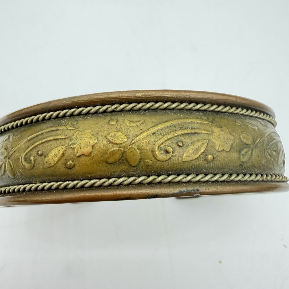 Vintage Brass Bracelet Embossed Etched Ornate Floral Cuff Mix Metal